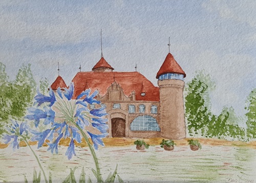 Aquarell eines Schlosses mit blauen Blumen